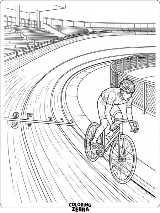 A track bicycle on a velodrome with lane lines