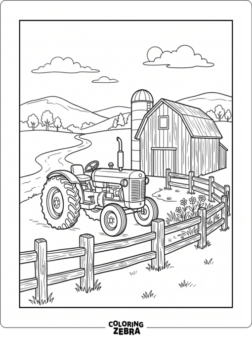 A tractor parked near a barn