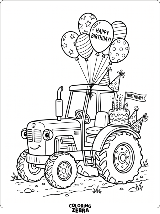 A tractor with balloons and a birthday cake