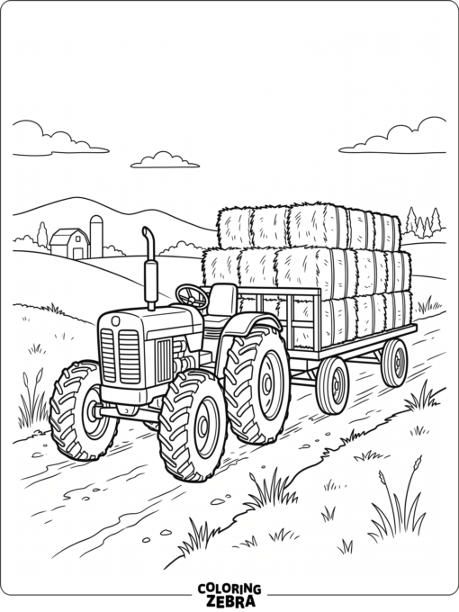 A tractor carrying hay bales on a trailer