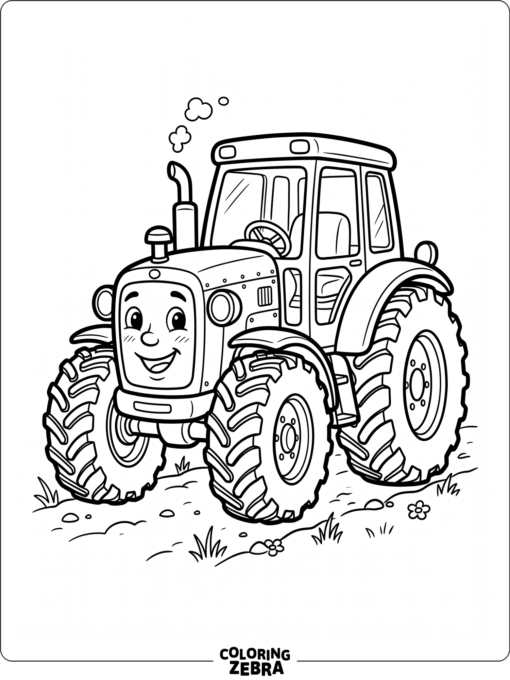 A cute tractor with oversized wheels and a smiling face