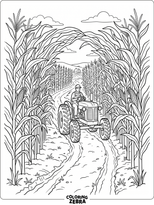A tractor moving through a cornfield