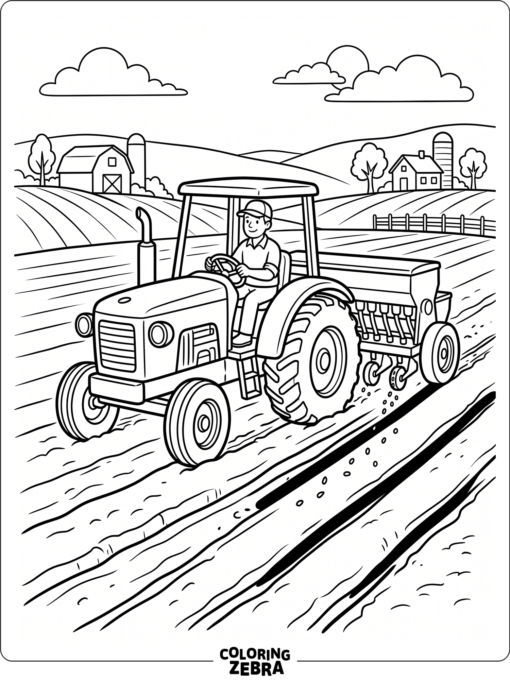 A tractor planting seeds in straight rows
