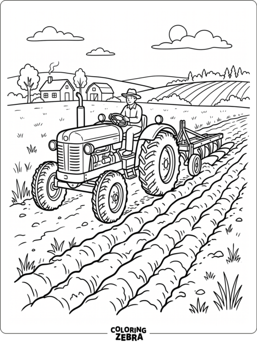 A tractor plowing a field with neat furrows