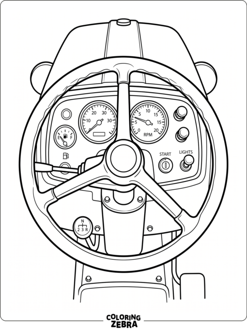 A tractor steering wheel and dashboard