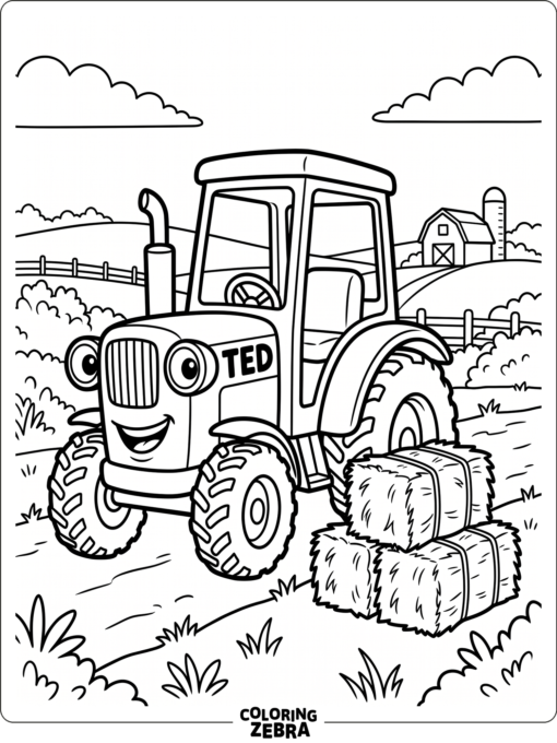 Cartoon Tractor Ted smiling near hay bales