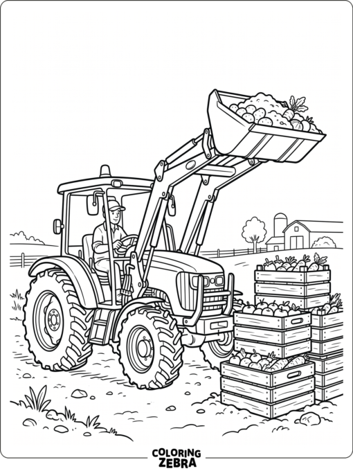 A tractor with a front loader bucket beside crates
