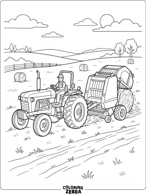 A tractor pulling a hay baler through a pasture
