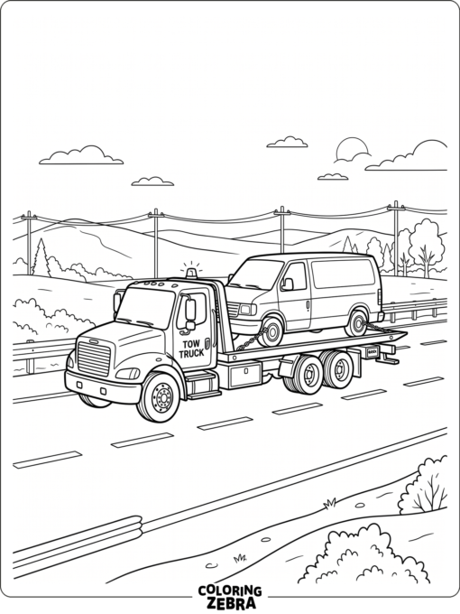 A trailer flatbed tow truck carrying a van