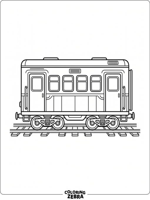 Train car with doors windows and wheels on rails