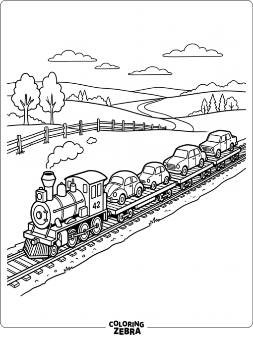 A train carrying cars on flatbed railcars