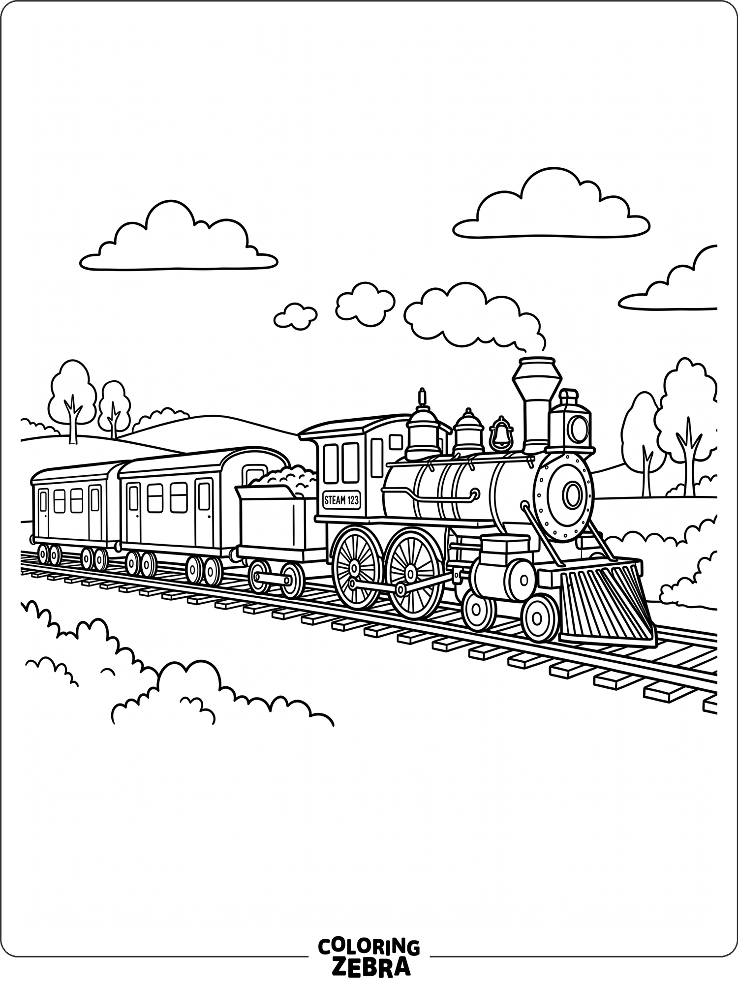 Simple train engine with two cars on tracks