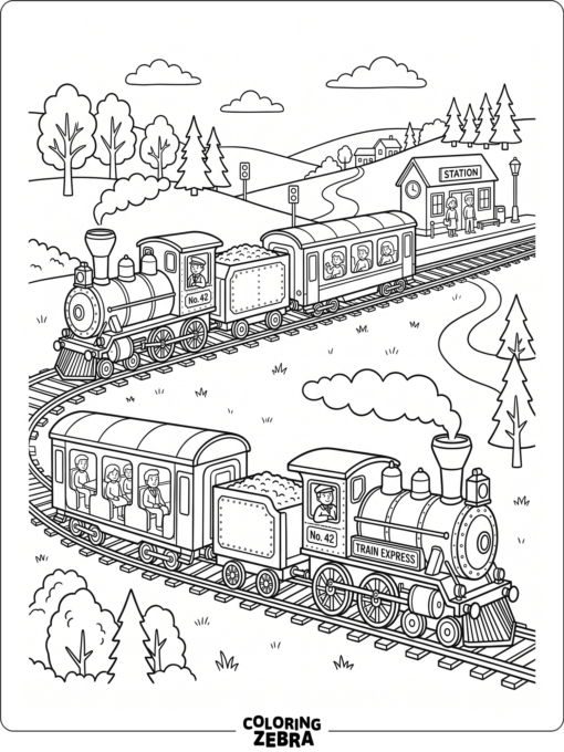 Passenger train with several cars and seated riders