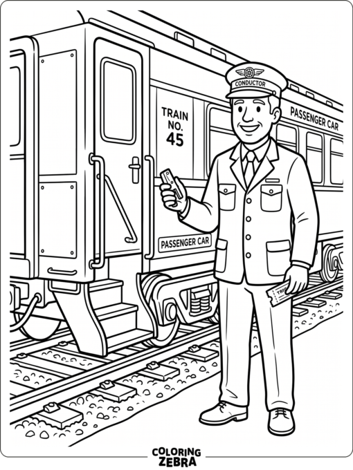 A train conductor beside a rail car with a ticket punch