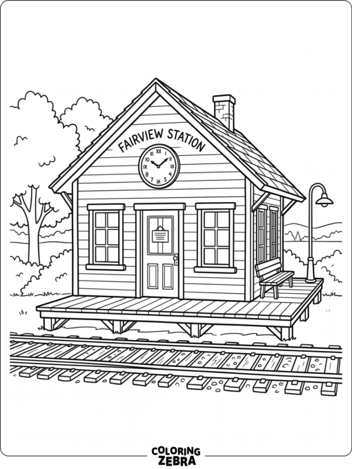 A small train depot with a clock and doors