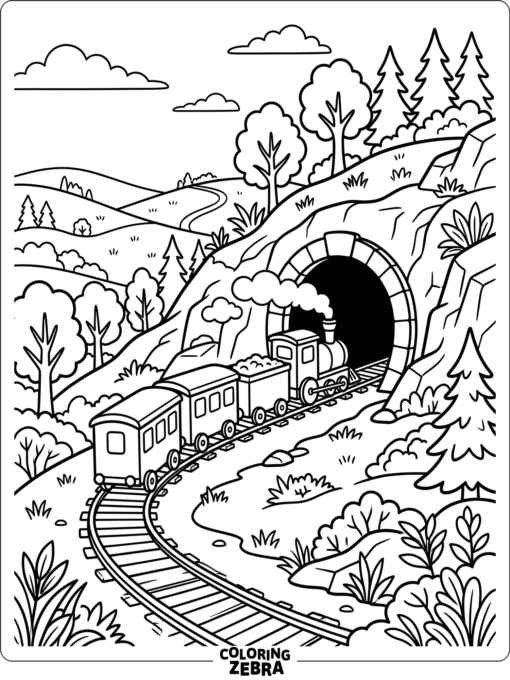 A train going through a hillside tunnel