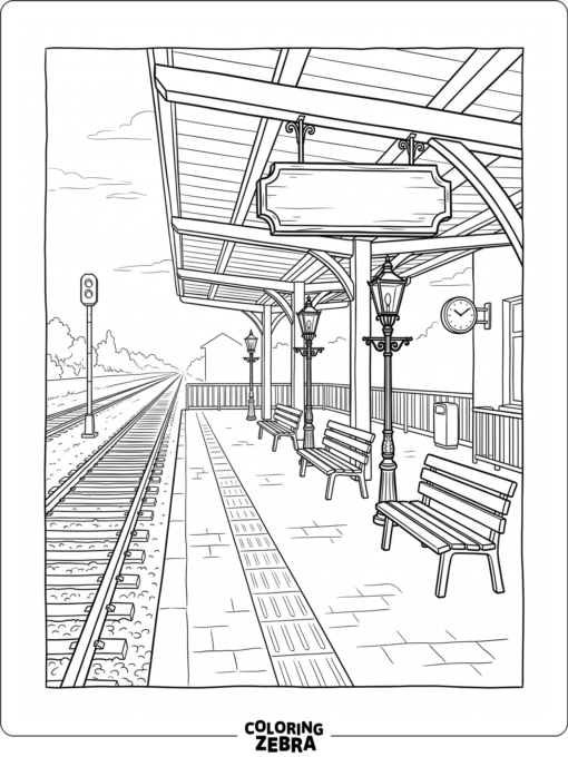 An empty train platform with benches and a sign