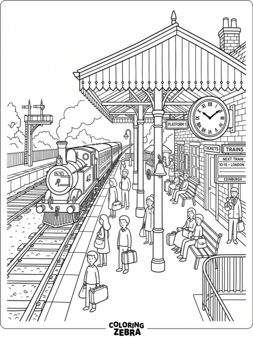Train station with roof, benches, and an arriving train