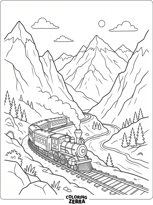 A train moving between mountain peaks