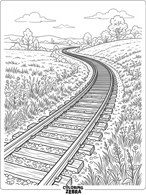 Curving railway track with wooden ties and rails
