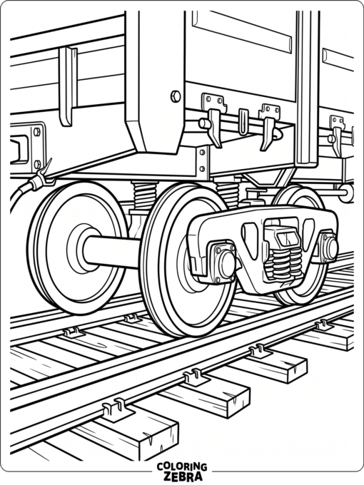 Close-up train wheels under a rail car
