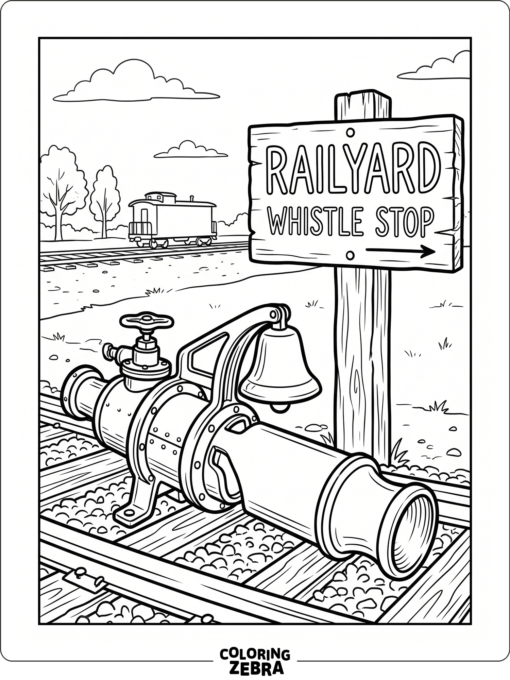 A train whistle beside a rail yard sign