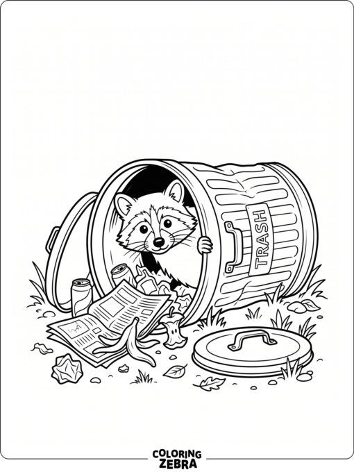 A raccoon peeking from a trash can