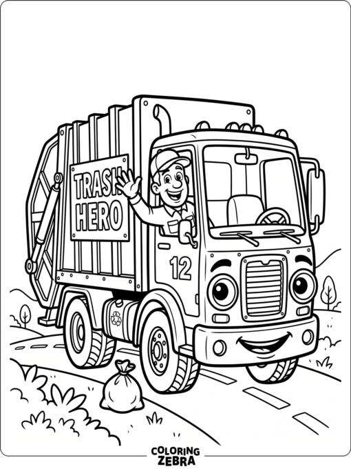 A cartoon trash truck with big eyes