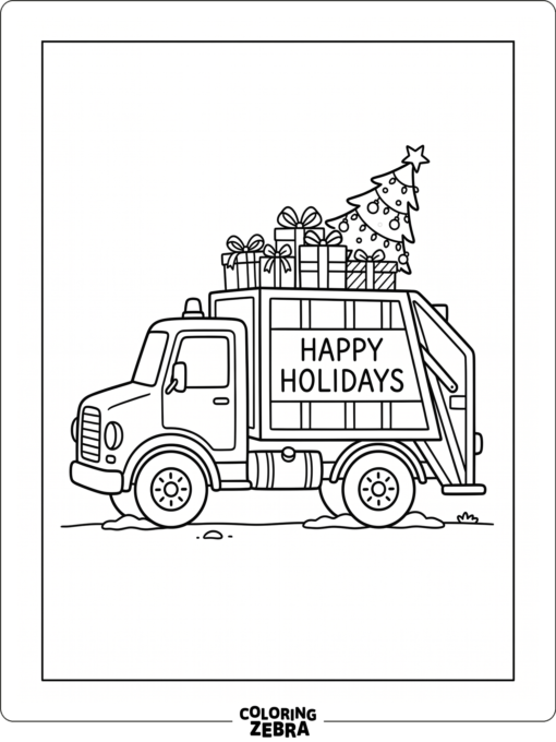 A trash truck carrying gifts and a Christmas tree