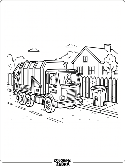 A trash truck moving past a curbside bin