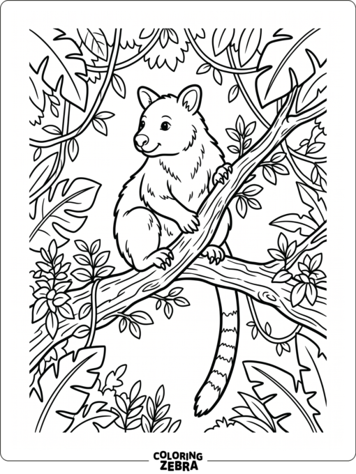 A tree kangaroo perched on a branch with leaves