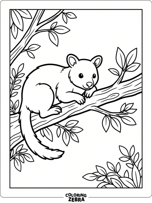A tree kangaroo resting on a branch with leaves