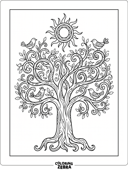 A symbolic tree with winding branches, birds, and a sun