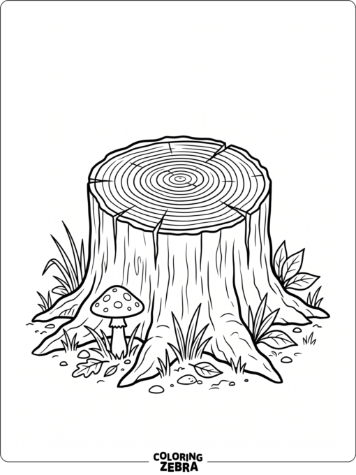 A tree stump with visible rings and a tiny mushroom