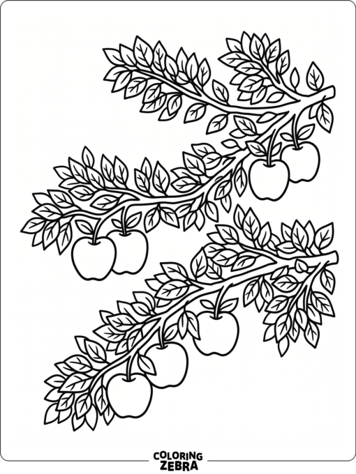 A leafy tree with apples hanging from branches