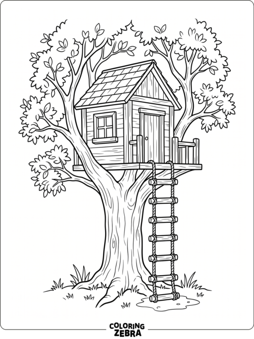 A treehouse in a sturdy tree with a rope ladder