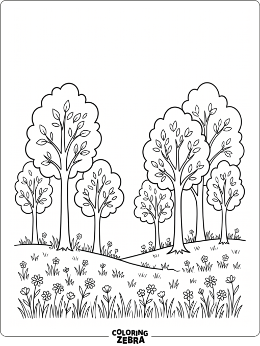Trees growing in grass with small flowers