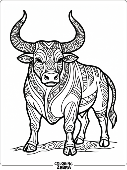 A bull with tribal-style lines and geometric horns