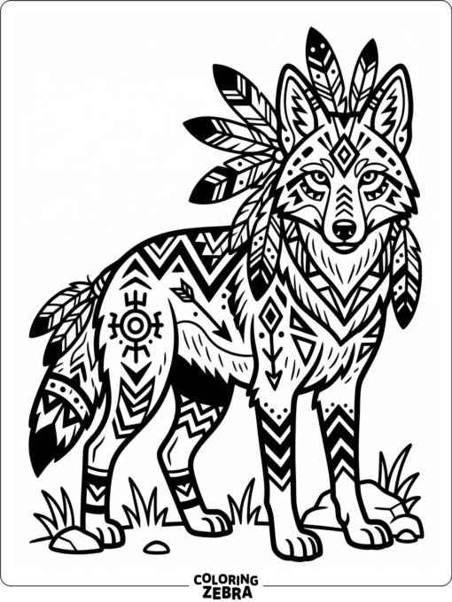 A tribal style coyote with geometric patterns and feathers