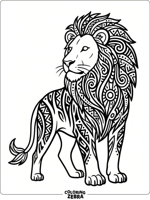 A lion with tribal inspired mane patterns