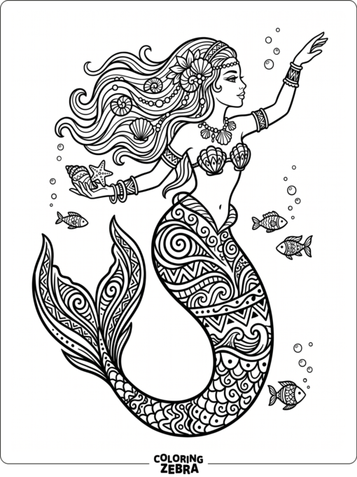 A mermaid with tribal patterns on her tail