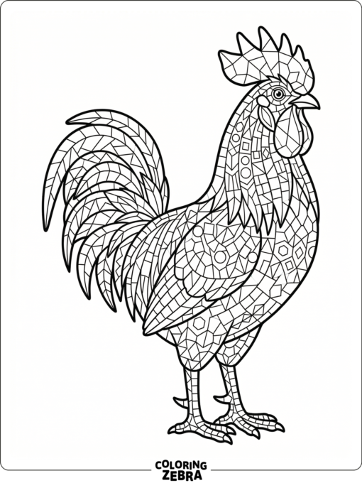 A rooster made of mosaic tiles features neat geometric sections and bold borders.