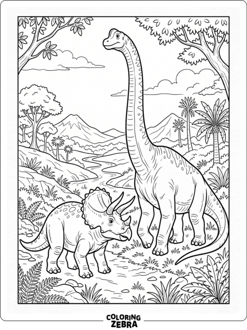 A triceratops beside a tall brachiosaurus