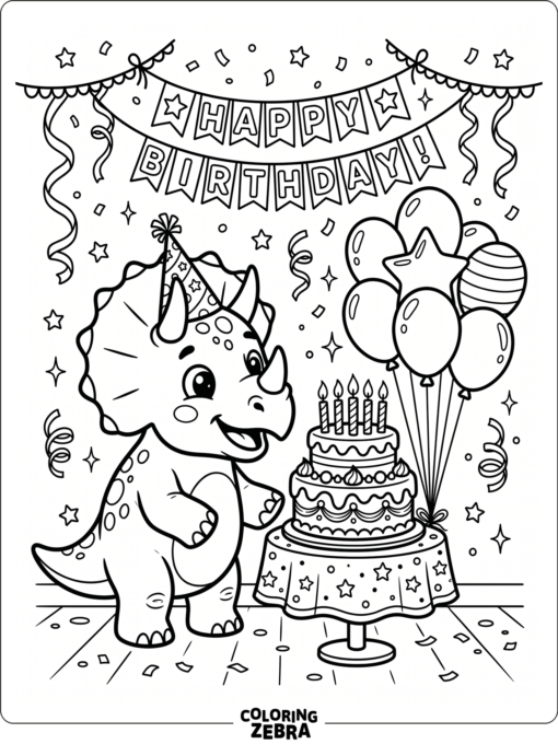 A triceratops beside a birthday cake and balloons