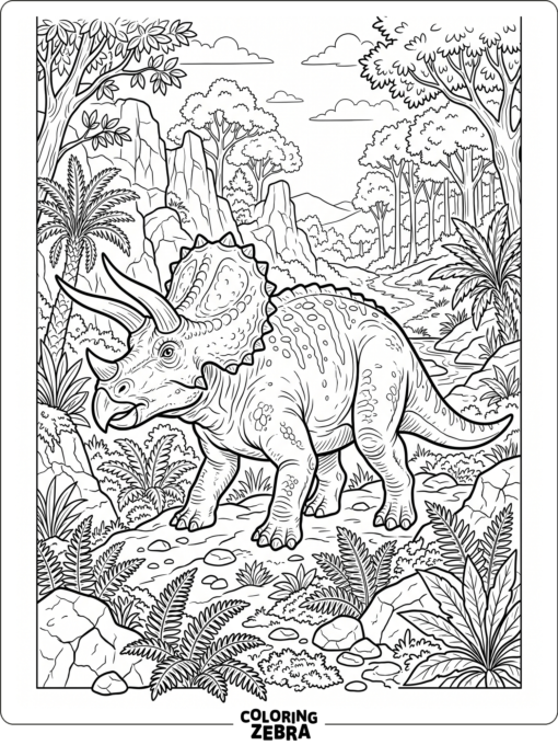 A detailed triceratops scene with rocks and plants