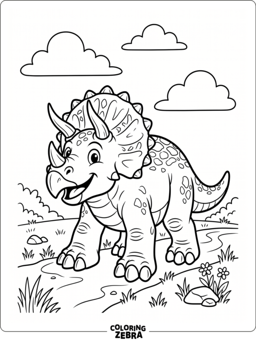 A friendly triceratops with big feet and a happy face