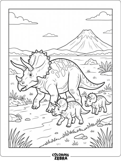 A triceratops family walking together in a field