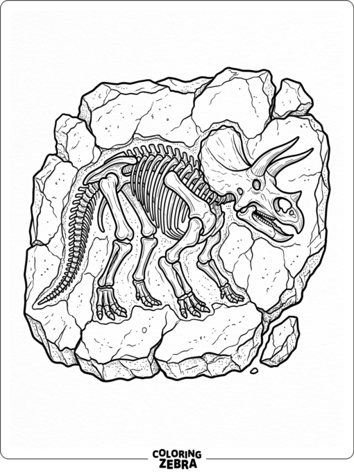 A triceratops fossil in stone with cracked edges