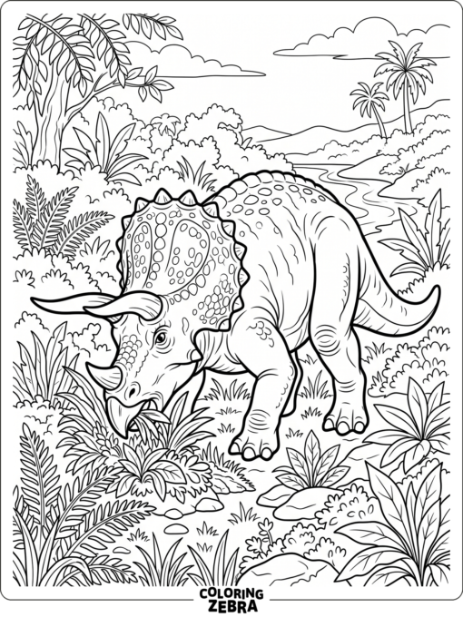 A triceratops grazing on low plants