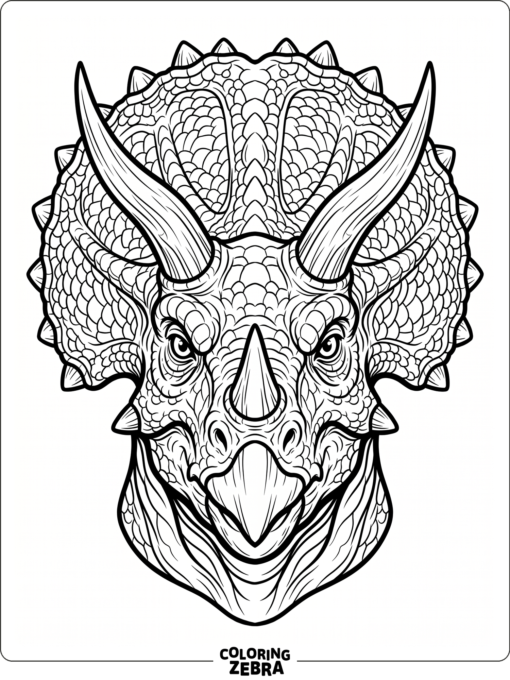 A front-facing triceratops head with a wide frill